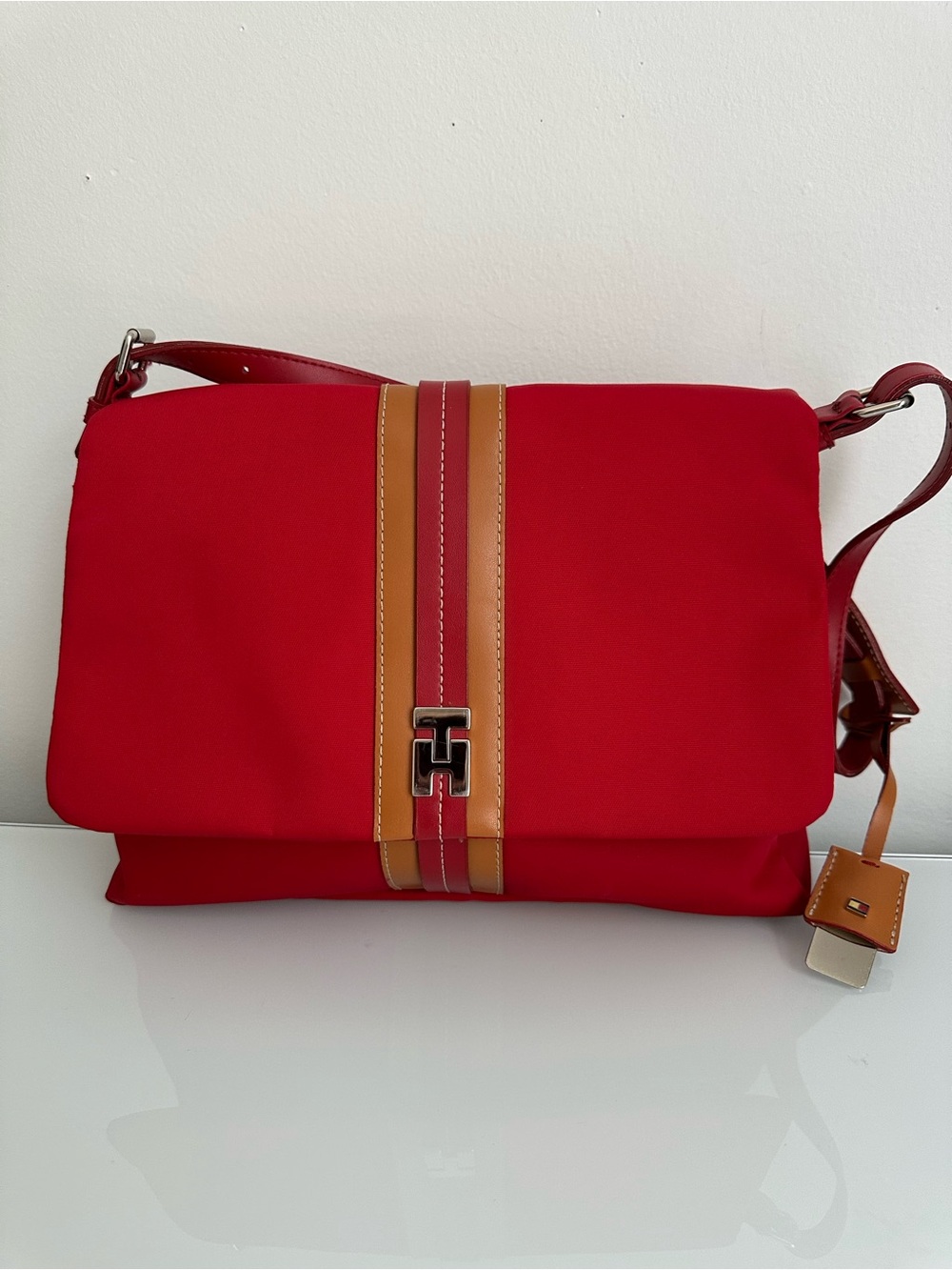 Tommy Hilfiger Red Nylon Shoulder Bag Adjustable Strap Flap Crossbody Purse”